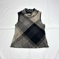 00s チェック柄 フリンジ ニットベスト モノトーン　きれいめ