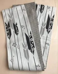 半幅帯 リバーシブル グレー 桜 麻の葉 矢羽模様