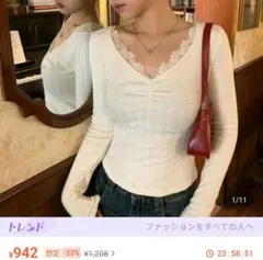 SHEIN　シーイン　長袖ニット　レース　Vネック　ホワイト　XL