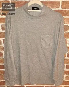 【新品】PLAYBOY カットソー ストライプ 長袖ハイネック Mサイズ　グレー