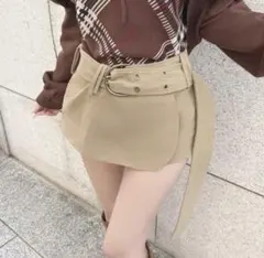 【新品】elmyu ベルト巻きデザインスカパン2色 ライトベージュS 参戦服