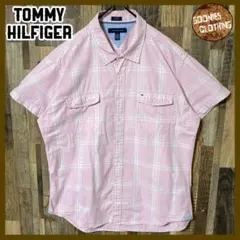 ピンク メンズ 2XL トミーヒルフィガー チェック USA古着 半袖 シャツ