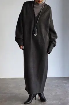 Bonjour Sagan ディープVネックニットワンピース　チャコールグレー