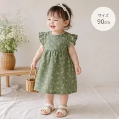 花柄 ワンピース 90cm グリーン フリル袖のサムネイル
