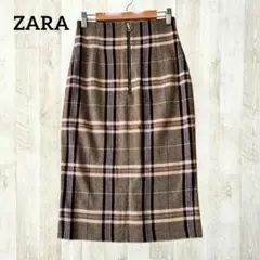 ZARA タイトロングスカート USA XS 茶色 オレンジ チェック ウール混