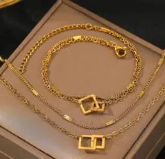 【２セット】 ネックレスとブレスレット サージカルステンレス ダブルスクエア