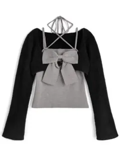 grl シャギーボレロ×ホルターネックリボンキャミソールニットアンサンブル