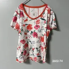 大人華やか ボタニカル柄 VネックTシャツ XL相当 速乾 ストレッチ