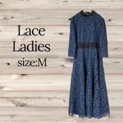 Lace Ladies柄総レースミモレ丈フレアワンピースドレス・レースレディース