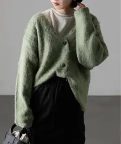 r.モヘアタッチニットカーディガンセーターファーボアもこもこグリーンフリース秋冬