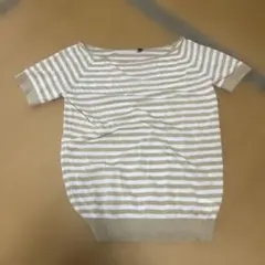ベージュホワイトストライプ半袖Tシャツ　サマーニット　レディース　お洒落