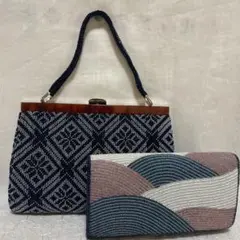 和装　昭和　クラッチ　レトロ　総ビーズ　パーティー　ブルー系　ミラー付き　２点