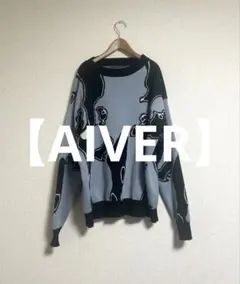 【AIVER】　Dハードコアニット　セーター　ブラック×グレイッシュブルー
