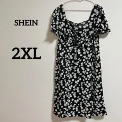 SHEIN 【 2XL 】花柄ワンピース 半袖 ゆったり ブラック