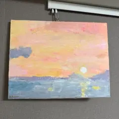 原画：ハガキサイズ】 夕暮れの海辺に小さな月 オイルパステル画