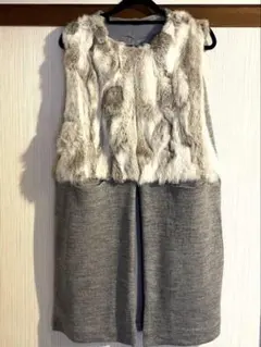 【未使用品】ラビット ファー付き ノースリーブ ベスト ジレ グレー M L