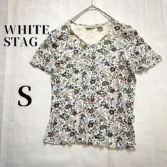 WHITE STAG 【S】ボタニカル柄 フラワープリントTシャツ Vネック