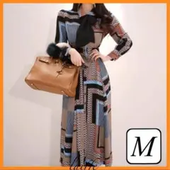 幾何学柄 ロングワンピース M レトロ フロントボタン ジオデザイン マキシ丈