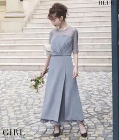 GIRL ブルーグレー 半袖 ドレープ パーティードレス