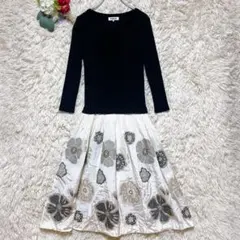 美品【ヒロコビス】（9）ドッキングワンピース 花柄 黒 白 麻 レーヨン 日本製のサムネイル