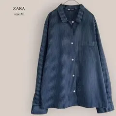 ザラZARA✨美品✨ストライプシャツ　長袖　コットンシャツ　綿100% ネイビー