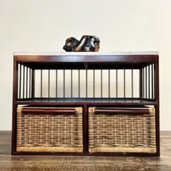 木製収納棚 籐バスケット2点付き ローボード 古家具　ラタン　　レトロ
