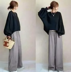 灰 セットアップ ロングパンツ 長袖 パフスリーブ袖 ワイドパンツ パンツスーツ