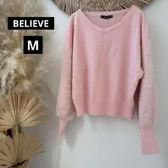 【believe】Vネッククロップド丈ニット・ふわふわシャギー袖◇ピンク・M