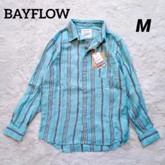 新品 BAYFLOWベイフロー 長袖リネンシャツ ストライプ ミントグリーン Mのサムネイル