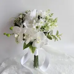 胡蝶蘭♡白グリーンナチュラルウェディングブーケ＆ブートニア　造花ブーケ