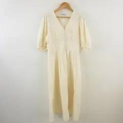 590 ナノユニバース 総レース五分袖ロングワンピース フレア オフホワイト