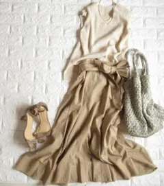 ミラ オーウェン こなれ感 ニット×アシンメトリーリネンスカート 切替ワンピース