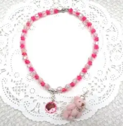 キッズネックレス＊マグネット留め＊テディベアチャーム付きピンクno1