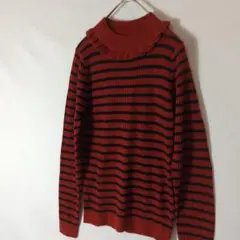 アース　レッドレーベル【S】長袖　フリルネック　ボーダー　春秋冬　レッド