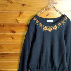 ニット　花　刺繍　秋冬　フェミニン　上品　レトロ　ヴィンテージ　黒　M　古着
