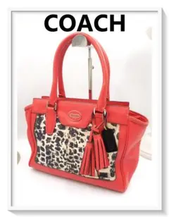 ✨COACH　コーチ　トートバッグ レオパード柄　キャンバス／レザー　レッド
