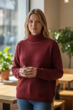 YASHIKI ヤシキ ハイネック ワッフルニット レッド シルエット