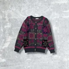 SURZOZO ニットカーディガン FREE y2k 総柄 薔薇柄 短丈 綺麗め