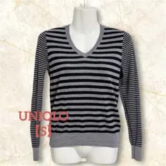 ユニクロ ウール100 エクストラファインメリノ Vネックボーダーニット S 紺