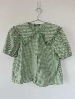ZARA ピーターパンカラーシャツ ギンガムチェック S グリーン　緑