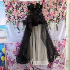 アシンメトリックドレス 黒とゴールド＆ゴールドヴェールの2点セット