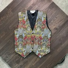 7BS1 バティック　ビーズ刺繍　Vネック　ベスト　レディース　古着used