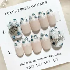 現品୨୧フレンチガーリーネイルチップ　青ブルー　薔薇レース小花柄　バレリーナ