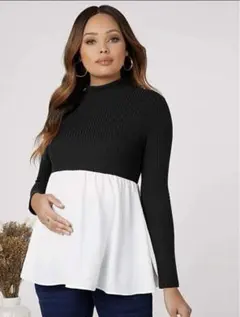 マタニティ　モックネック　ミックスメディア　ペプラムトップス