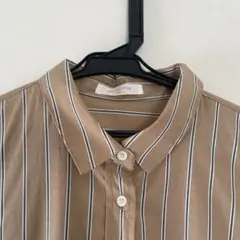 ベージュ ストライプ 長袖 シャツワンピース