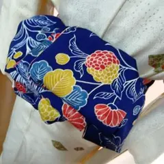 長尺大人の兵児帯半幅帯ハンドメイド澪No2637着物リメイク正絹花柄 紺色