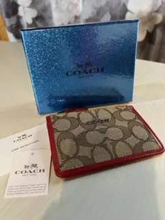 【処分価格】美品COACH カードケース シグネチャー柄 レッド縁