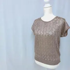 トップス　半袖　茶系　刺繍　重ね着　上品　夏　ドレッシー　透け感　サマーニット