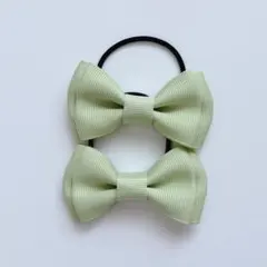 二重リボンのヘアゴム2個セット ライトグリーン シンプル パステル