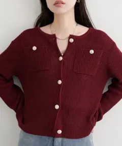 natural couture ポケ付き金釦ワッフル編みカーデ